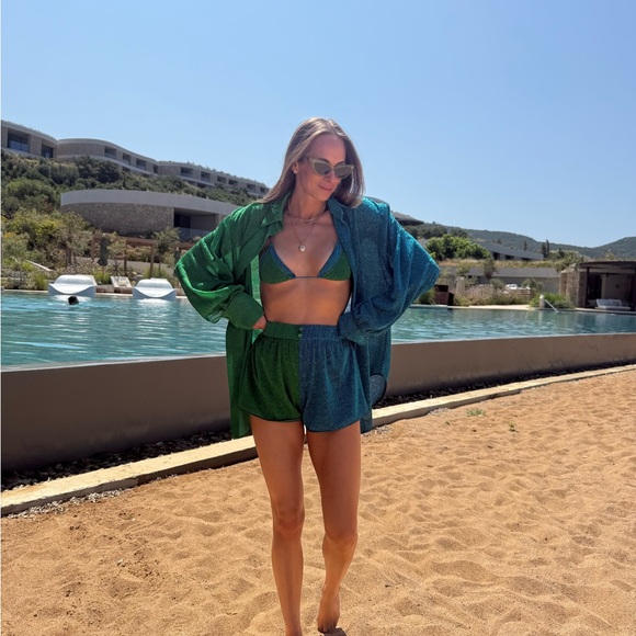 Oseree Tops - Oseree Green and Blue Button Down Shirt